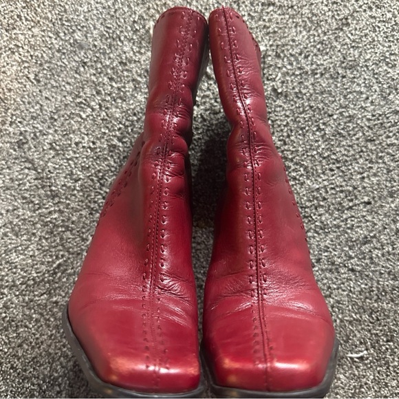 Hillary And Hanson Square Toe Leather Upper Burgundy Chunky Heel Ankle Boot 8M - Picture 9 of 11